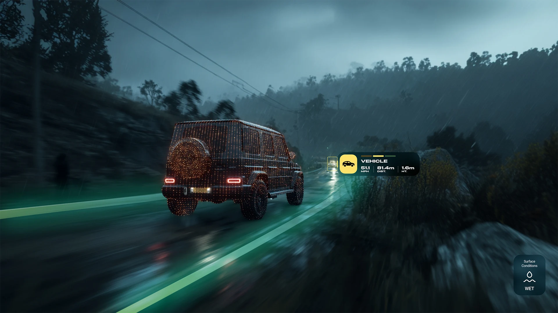 Teradar — point cloud applied, night highway HUD