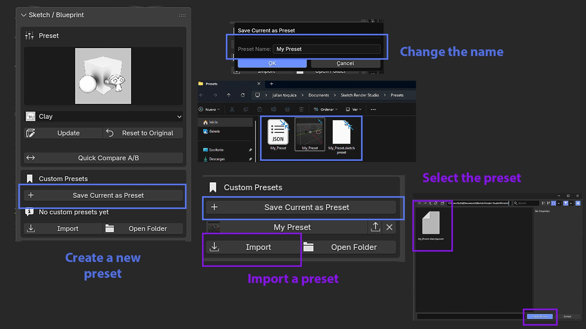 Saving a custom preset with its thumbnail