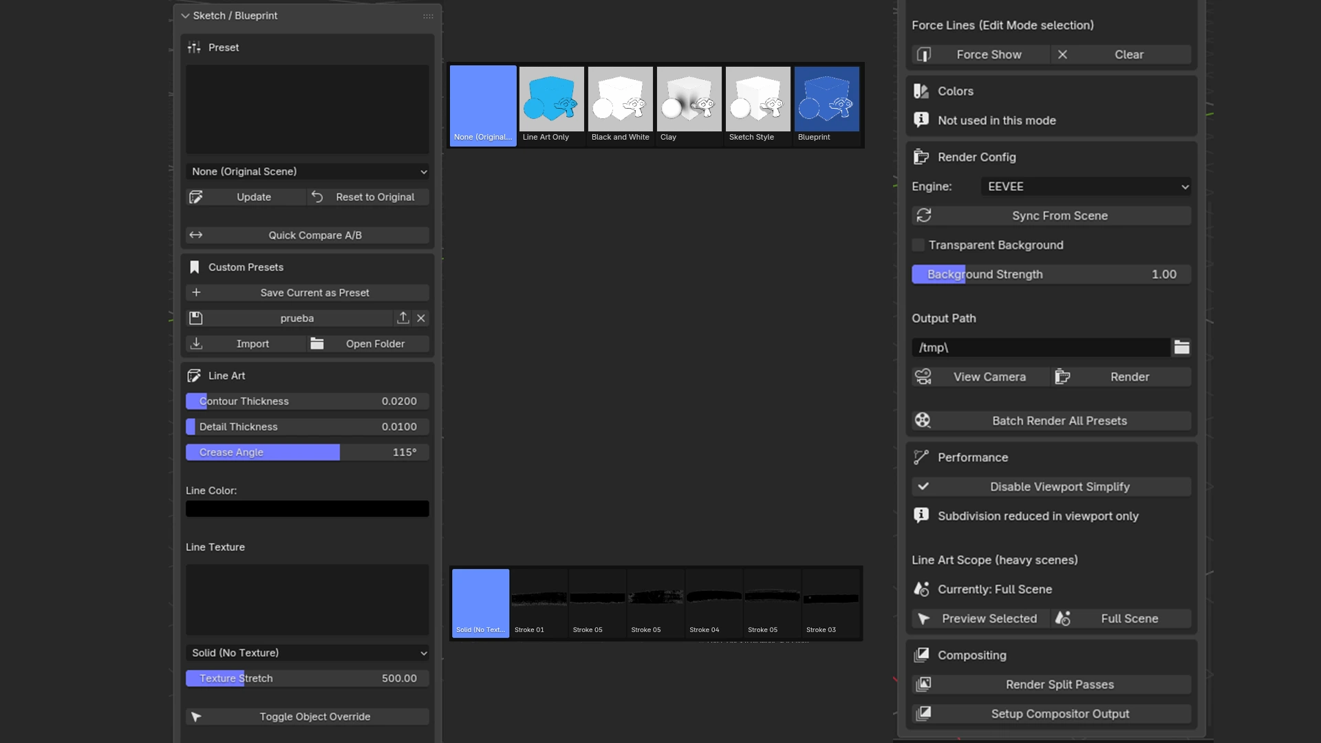 Sketch Render Studio panel open in the 3D Viewport's Tool Shelf